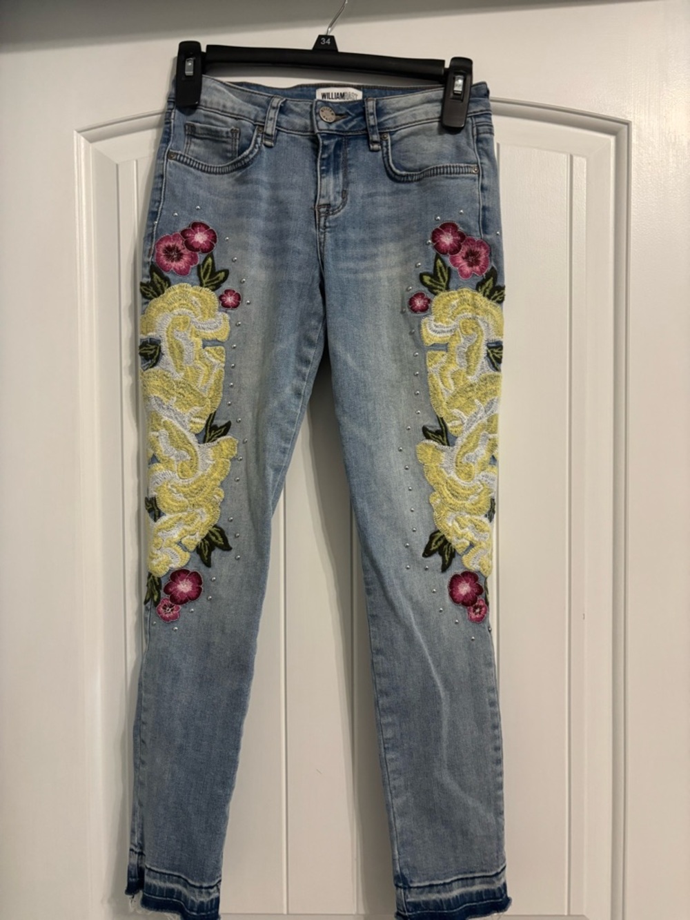 388) William Rast Light Blue Skinny Jeans with Yellow & Pink Embroidery